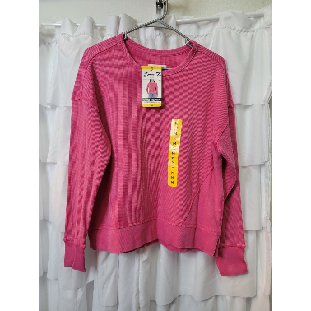 Seven7 Premium Brand Waffle Knit Crewneck Top Pink Thermal Long Sleeve Med  1807